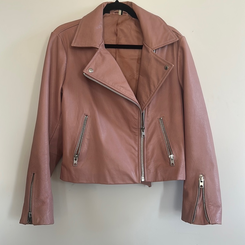 TOPSHOP pink/blush leather moto jacket size 12 uk